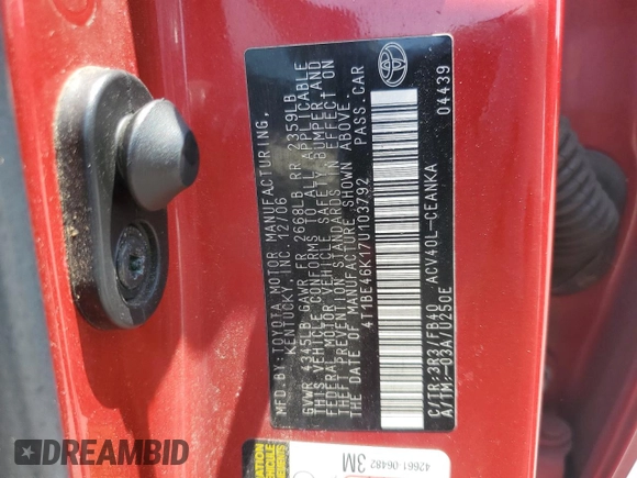 2007 Toyota Camry CE with VIN 4T1BE46K17U103792, listed as a Copart auction lot 55614055 with 190,298 mi miles and Clean Title. Bid and sale history available at DreamBid. Image 13.