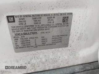 2018 Chevrolet Trax LT with VIN 3GNCJLSB6JL276835, listed as a IAAI auction lot 41882128 with 75,761 mi miles and . Bid and sale history available at carsss.com. Image 9.