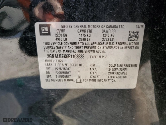 2015 Chevrolet Equinox LT with VIN 2GNALBEK6F1163838, listed as a Copart auction lot 83092014 with 100,581 mi miles and Salvage Title. Bid and sale history available at carsss.com. Image 13.