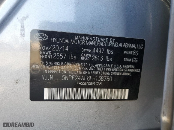 2015 Hyundai Sonata 2.4L SE with VIN 5NPE24AF8FH138780, listed as a Copart auction lot 51312755 with 127,405 mi miles and Salvage Title. Bid and sale history available at carsss.com. Image 14.
