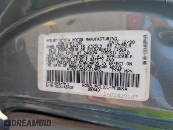 1999 Toyota Sienna LE z VIN 4T3ZF13C4XU118561, wystawiony jako IAAI lot #42536325 z przebiegiem 273 336 mil mil oraz . Historia ofert i sprzedaży dostępna na DreamBid. Obrazek 9.