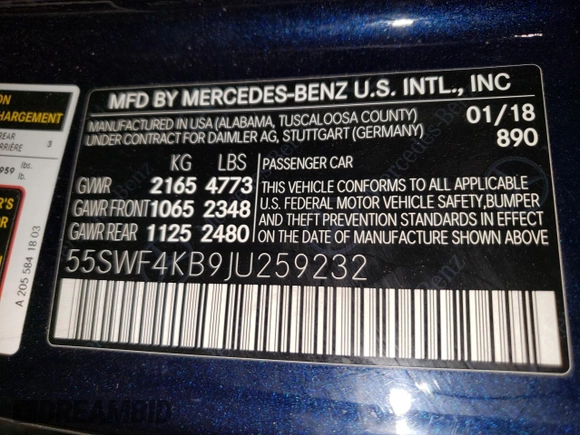 2018 Mercedes-Benz C 300 with VIN 55SWF4KB9JU259232, listed as a Copart auction lot 61559355 with 82,482 mi miles and Salvage title. Bid and sale history available at DreamBid. Image 12.