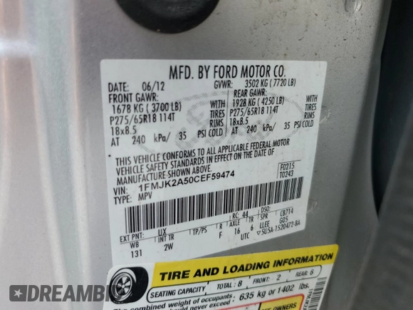 2012 Ford Expedition Max Limited with VIN 1FMJK2A50CEF59474, listed as a Copart auction lot 63751395 with 149,236 mi miles and Clean title. Bid and sale history available at DreamBid. Image 13.