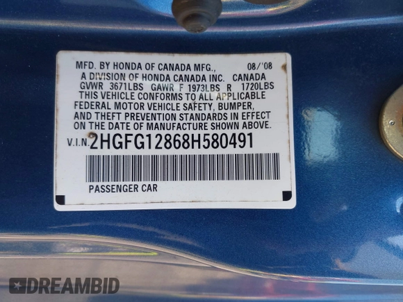 2008 Honda Civic Cpe EX with VIN 2HGFG12868H580491, listed as a IAAI auction lot 42066847 with 178,887 mi miles. Bid and sale history available at carsss.com. Image 9.