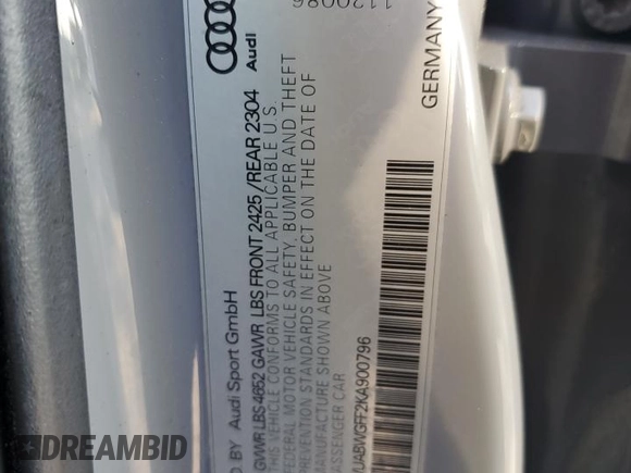 2019 Audi RS 3 with VIN WUABWGFF2KA900796, listed as a Copart auction lot 47544815 with 43,969 mi miles and Non repairable. Bid and sale history available at DreamBid. Image 13.
