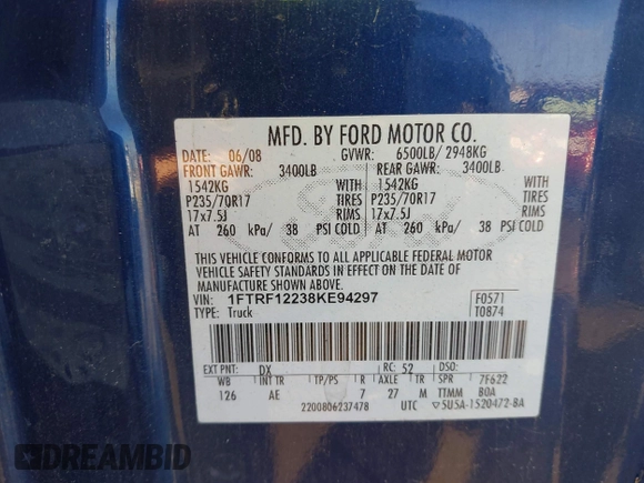 2008 Ford F-150 XL с VIN 1FTRF12238KE94297, выставлен на аукционе IAAI как лот 42825144 с пробегом 310 490 миль миль и . История ставок и продаж доступна на DreamBid. Изображение 9.