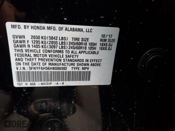 2017 Honda Pilot EX-L with VIN 5FNYF6H56HB086982, listed as a Copart auction lot 45590945 with 141,112 mi miles and Salvage Title. Bid and sale history available at DreamBid. Image 13.