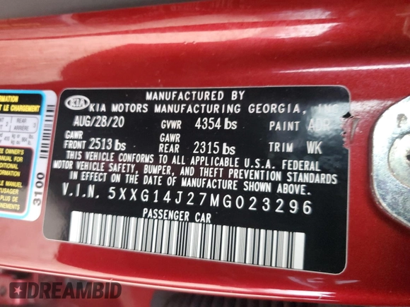 2021 Kia K5 LXS with VIN 5XXG14J27MG023296, listed as a Copart auction lot 44951185 with 74,889 mi miles and Salvage Title. Bid and sale history available at carsss.com. Image 14.