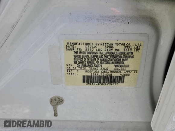 2012 Nissan Sentra 2.0 with VIN 3N1AB6AP0CL736279, listed as a Copart auction lot 55273885 with 127,037 mi miles and Non repairable. Bid and sale history available at DreamBid. Image 12.