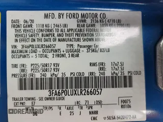 2020 Ford Fusion SE with VIN 3FA6P0LUXLR266057, listed as a Copart auction lot 61154555 with 97,536 mi miles and Non repairable. Bid and sale history available at DreamBid. Image 13.