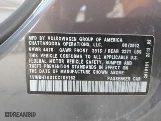 2012 Volkswagen Passat SE with VIN 1VWBH7A31CC108162, listed as a Copart auction lot 49001885 with 104,309 mi miles and Salvage Title. Bid and sale history available at carsss.com. Image 12.