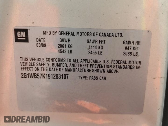 2009 Chevrolet Impala LS with VIN 2G1WB57K191283107, listed as a Copart auction lot 52195425 with Not Provided miles and Non Repairable. Bid and sale history available at DreamBid. Image 13.