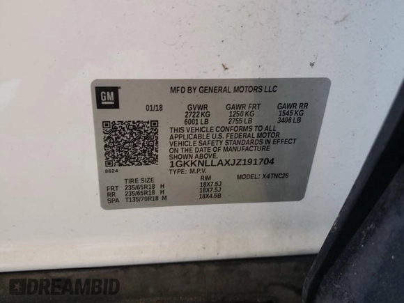 2018 GMC Acadia SLE with VIN 1GKKNLLAXJZ191704, listed as a Copart auction lot 50099355 with 94,158 mi miles and Salvage Title. Bid and sale history available at DreamBid. Image 15.