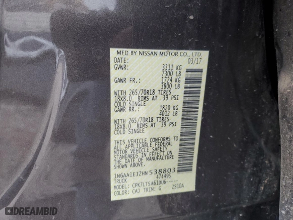 2017 Nissan Titan SV with VIN 1N6AA1EJ2HN538803, listed as a Copart auction lot 48893625 with 166,415 mi miles and Salvage Title. Bid and sale history available at carsss.com. Image 13.