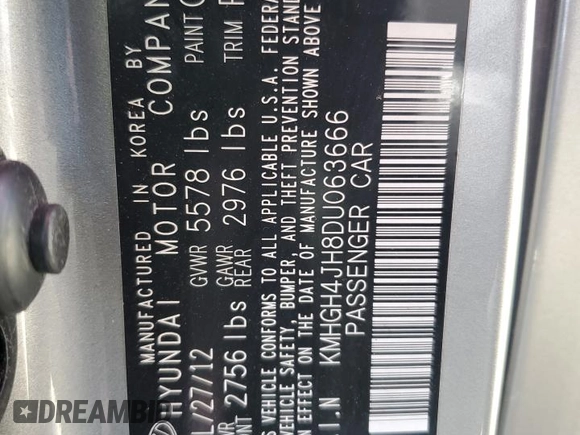 2013 Hyundai Equus Signature with VIN KMHGH4JH8DU063666, listed as a Copart auction lot 63621585 with Not provided miles and Clean title. Bid and sale history available at DreamBid. Image 12.