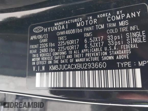 2011 Hyundai Tucson Limited with VIN KM8JUCACXBU293660, listed as a IAAI auction lot 42051931 with 99,995 mi miles and . Bid and sale history available at DreamBid. Image 9.