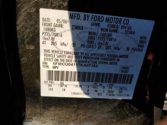 2007 Ford Escape Limited with VIN 1FMCU04117KA07392, listed as a Copart auction lot 76208504 with 194,332 mi miles and Salvage Title. Bid and sale history available at carsss.com. Image 14.