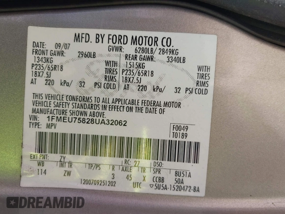2008 Ford Explorer Limited с VIN 1FMEU75828UA32062, выставлен на аукционе IAAI как лот 42518271 с пробегом 352 328 миль миль и . История ставок и продаж доступна на DreamBid. Изображение 9.