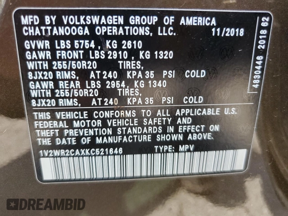 2019 Volkswagen Atlas SE with VIN 1V2WR2CAXKC521646, listed as a Copart auction lot 57383735 with 89,832 mi miles and Salvage title. Bid and sale history available at DreamBid. Image 14.