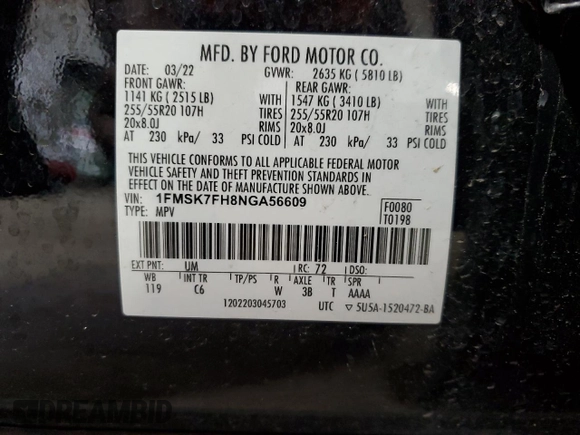 2022 Ford Explorer Limited with VIN 1FMSK7FH8NGA56609, listed as a Copart auction lot 56428135 with 59,928 mi miles and Salvage title. Bid and sale history available at DreamBid. Image 14.