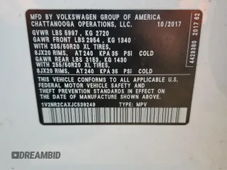 2018 Volkswagen Atlas SEL Premium z VIN 1V2NR2CAXJC539249, wystawiony jako Copart lot #55992035 z przebiegiem 132 814 mil mil oraz Szkoda całkowita • Salvage title. Historia ofert i sprzedaży dostępna na DreamBid. Obrazek 12.