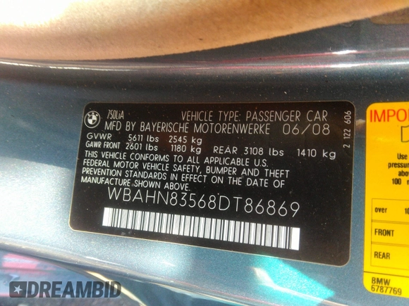 2008 BMW 7 Series 750Li with VIN WBAHN83568DT86869, listed as a IAAI auction lot 38915608 with 190,980 mi miles and . Bid and sale history available at carsss.com. Image 9.