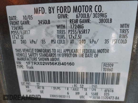 2006 Ford F-150 STX z VIN 1FTRX02W56KB40160, wystawiony jako IAAI lot #41992886 z przebiegiem 107 910 mil mil oraz . Historia ofert i sprzedaży dostępna na DreamBid. Obrazek 9.