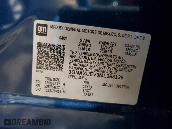 2021 Chevrolet Equinox LT with VIN 3GNAXUEV3ML383136, listed as a Copart auction lot 48557975 with 15,395 mi miles and Salvage Title. Bid and sale history available at DreamBid. Image 14.