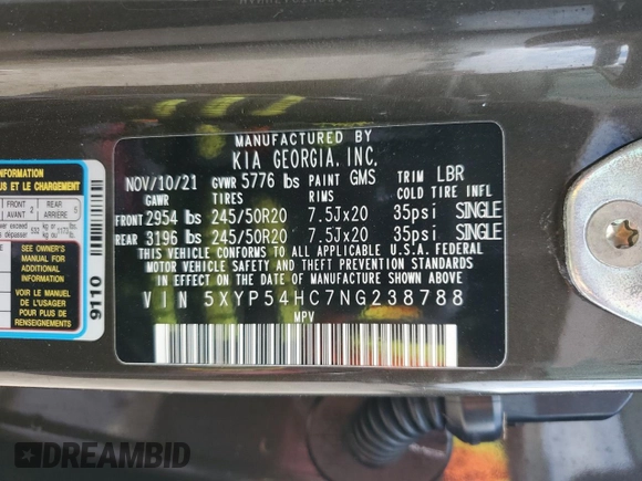 2022 Kia Telluride SX with VIN 5XYP54HC7NG238788, listed as a Copart auction lot 44198215 with 73,740 mi miles and Clean title. Bid and sale history available at DreamBid. Image 15.