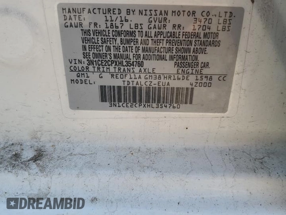 2017 Nissan Note SV with VIN 3N1CE2CPXHL354760, listed as a Copart auction lot 60073075 with 110,758 mi miles and Clean title. Bid and sale history available at DreamBid. Image 12.