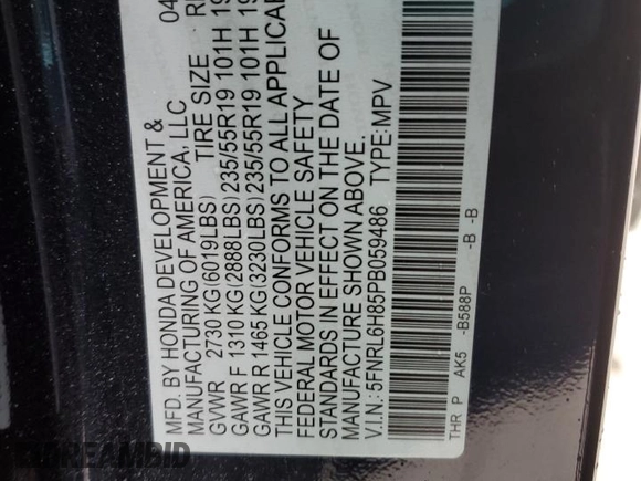 2023 Honda Odyssey Touring with VIN 5FNRL6H85PB059486, listed as a Copart auction lot 49822555 with 20,741 mi miles and Salvage Title. Bid and sale history available at DreamBid. Image 16.