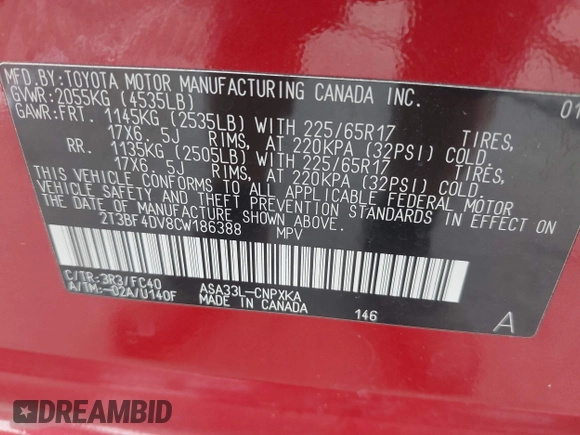 2012 Toyota RAV4 with VIN 2T3BF4DV8CW186388, listed as a IAAI auction lot 42763707 with 178,995 mi miles and . Bid and sale history available at DreamBid. Image 9.