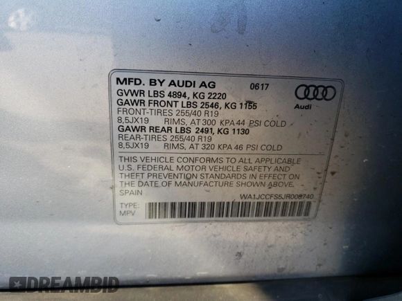 2018 Audi Q3 Premium Plus with VIN WA1JCCFS5JR008740, listed as a Copart auction lot 37125753 with 54,722 mi miles. Bid and sale history available at carsss.com. Image 13.