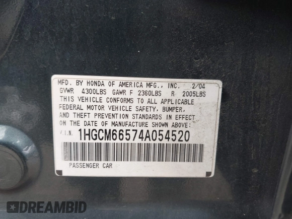 2004 Honda Accord EX с VIN 1HGCM66574A054520, выставлен на аукционе IAAI как лот 42461005 с пробегом 173 076 миль миль и . История ставок и продаж доступна на DreamBid. Изображение 9.