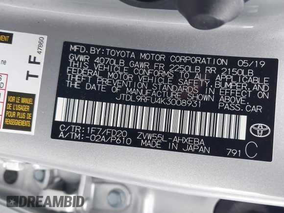 2019 Toyota Prius LE with VIN JTDL9RFU4K3008931, listed as a IAAI auction lot 41548356 with 94,176 mi miles and . Bid and sale history available at DreamBid. Image 9.