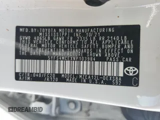 2022 Toyota Corolla SE with VIN 5YFS4MCEXNP103984, listed as a Copart auction lot 45969555 with 17,531 mi miles and Salvage Title. Bid and sale history available at DreamBid. Image 14.