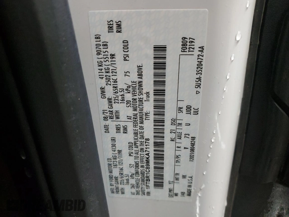 2021 Ford Transit Cargo with VIN 1FTBR1C89MKA71178, listed as a Copart auction lot 83775224 with 68,280 mi miles and Salvage Title. Bid and sale history available at DreamBid. Image 12.