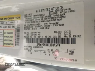 2020 Ford Fusion SE with VIN 3FA6P0HDXLR104549, listed as a IAAI auction lot 41790043 with 31,368 mi miles. Bid and sale history available at carsss.com. Image 9.