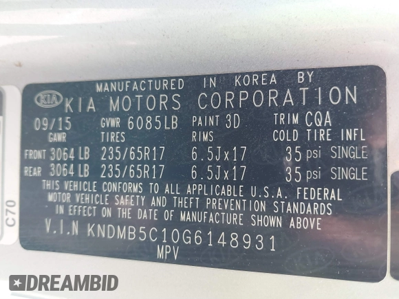 2016 Kia Sedona LX with VIN KNDMB5C10G6148931, listed as a IAAI auction lot 41799548 with 76,307 mi miles. Bid and sale history available at carsss.com. Image 9.