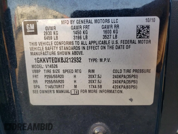 2011 GMC Acadia Denali with VIN 1GKKVTEDXBJ212932, listed as a Copart auction lot 48157345 with 188,512 mi miles and Salvage Title. Bid and sale history available at carsss.com. Image 15.