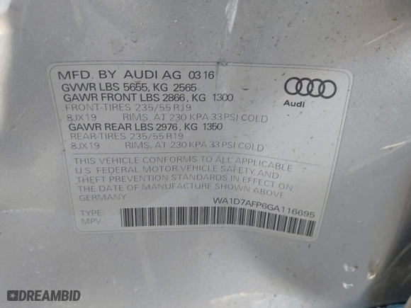 2016 Audi Q5 Premium Plus with VIN WA1D7AFP6GA116695, listed as a IAAI auction lot 40736626 with 67,288 mi miles. Bid and sale history available at carsss.com. Image 9.