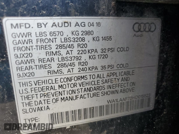 2017 Audi Q7 Premium Plus with VIN WA1LAAF72HD015523, listed as a Copart auction lot 52874355 with 150,977 mi miles and Clean Title. Bid and sale history available at carsss.com. Image 13.