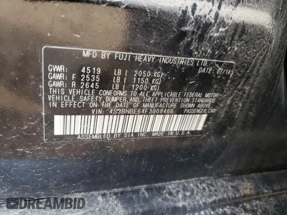 2015 Subaru Legacy Premium с VIN 4S3BNBE64F3008466, выставлен на аукционе Copart как лот 72145714 с пробегом 122 211 миль миль и На запчасти • Non repairable. История ставок и продаж доступна на DreamBid. Изображение 12.