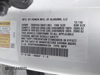 2021 Honda Pilot Elite with VIN 5FNYF6H03MB044154, listed as a IAAI auction lot 41050202 with 60,331 mi miles and . Bid and sale history available at DreamBid. Image 9.