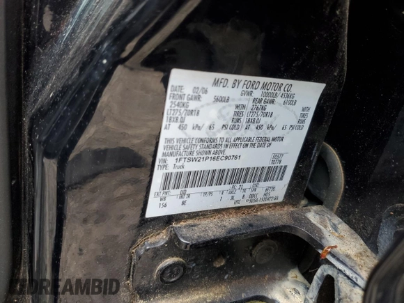 2006 Ford F-250 XL with VIN 1FTSW21P16EC90761, listed as a Copart auction lot 58697695 with 217,411 mi miles and Salvage title. Bid and sale history available at DreamBid. Image 12.