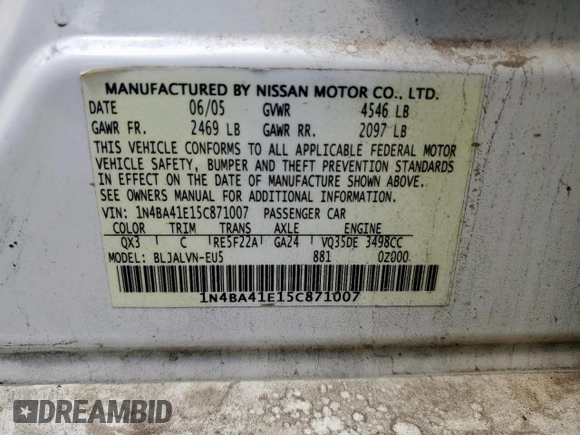 2005 Nissan Maxima 3.5 SL with VIN 1N4BA41E15C871007, listed as a Copart auction lot 53477855 with 166,595 mi miles and Salvage Title. Bid and sale history available at carsss.com. Image 12.