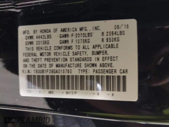 2016 Acura TLX with VIN 19UUB1F38GA015760, listed as a IAAI auction lot 42452999 with 61,854 mi miles and . Bid and sale history available at DreamBid. Image 9.
