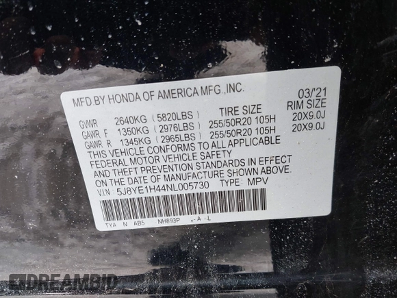 2022 Acura MDX Technology with VIN 5J8YE1H44NL005730, listed as a IAAI auction lot 41502217 with 21,919 mi miles and . Bid and sale history available at DreamBid. Image 9.