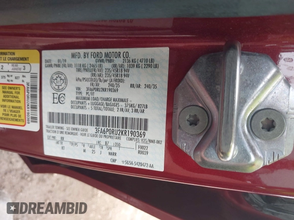 2019 Ford Fusion Titanium с VIN 3FA6P0RU2KR190369, выставлен на аукционе IAAI как лот 42193379 с пробегом 60 325 миль миль и . История ставок и продаж доступна на DreamBid. Изображение 9.