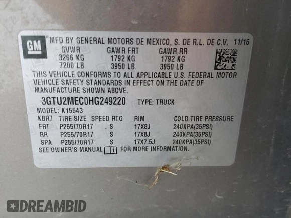2017 GMC Sierra 1500 SLE with VIN 3GTU2MEC0HG249220, listed as a Copart auction lot 75216564 with 238,333 mi miles and Clean Title. Bid and sale history available at DreamBid. Image 13.